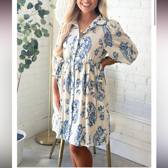 GiGiO Blue White Floral Dress Adjustable Tie Waist Boho Cottagecore Medium NWT - Picture 7 of 17